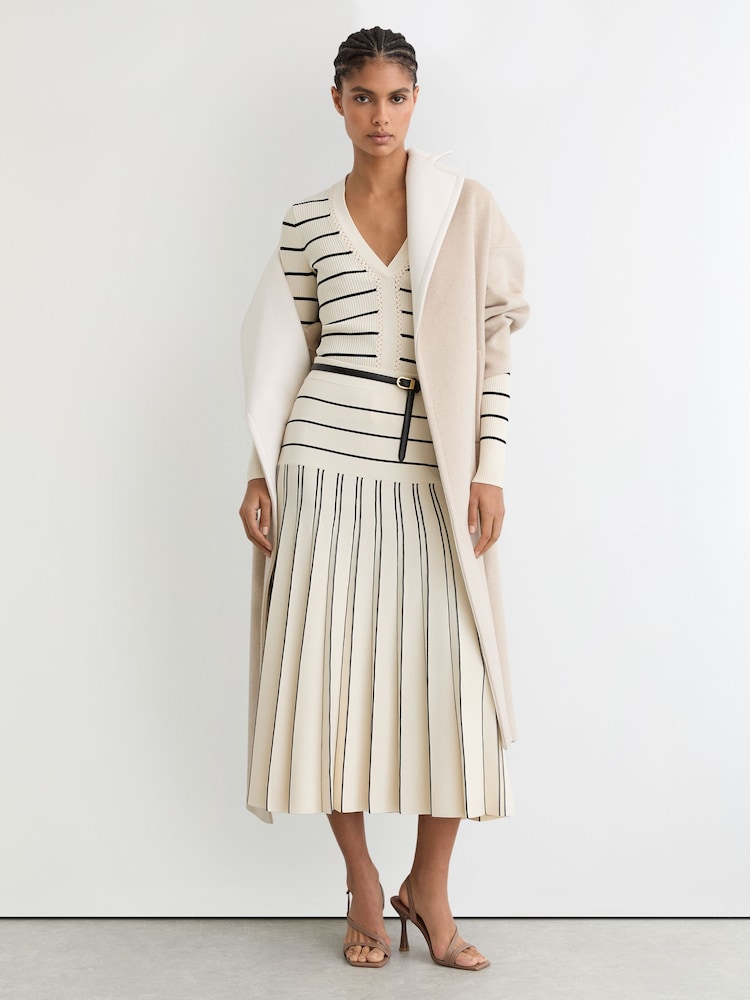 Reiss Ivory/Black Alice Knitted Stripe Pleated Midi Skirt - Image 1 of 6