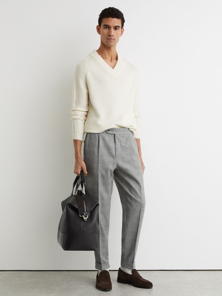 Reiss Grey Baron Wool-Blend Check Tapered Trousers - Image 1 of 6
