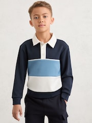 Reiss Navy Caspian 3-9 yrs Colour-Block Long-Sleeve Polo Shirt - Image 1 of 6