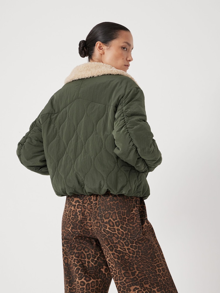 Hush Grey Teddy Collar Quilted Bomber Jacket - Image 2 of 6 Hush Grey Teddy Collar Quilted Bomber Jacket - Image 2 of 6
