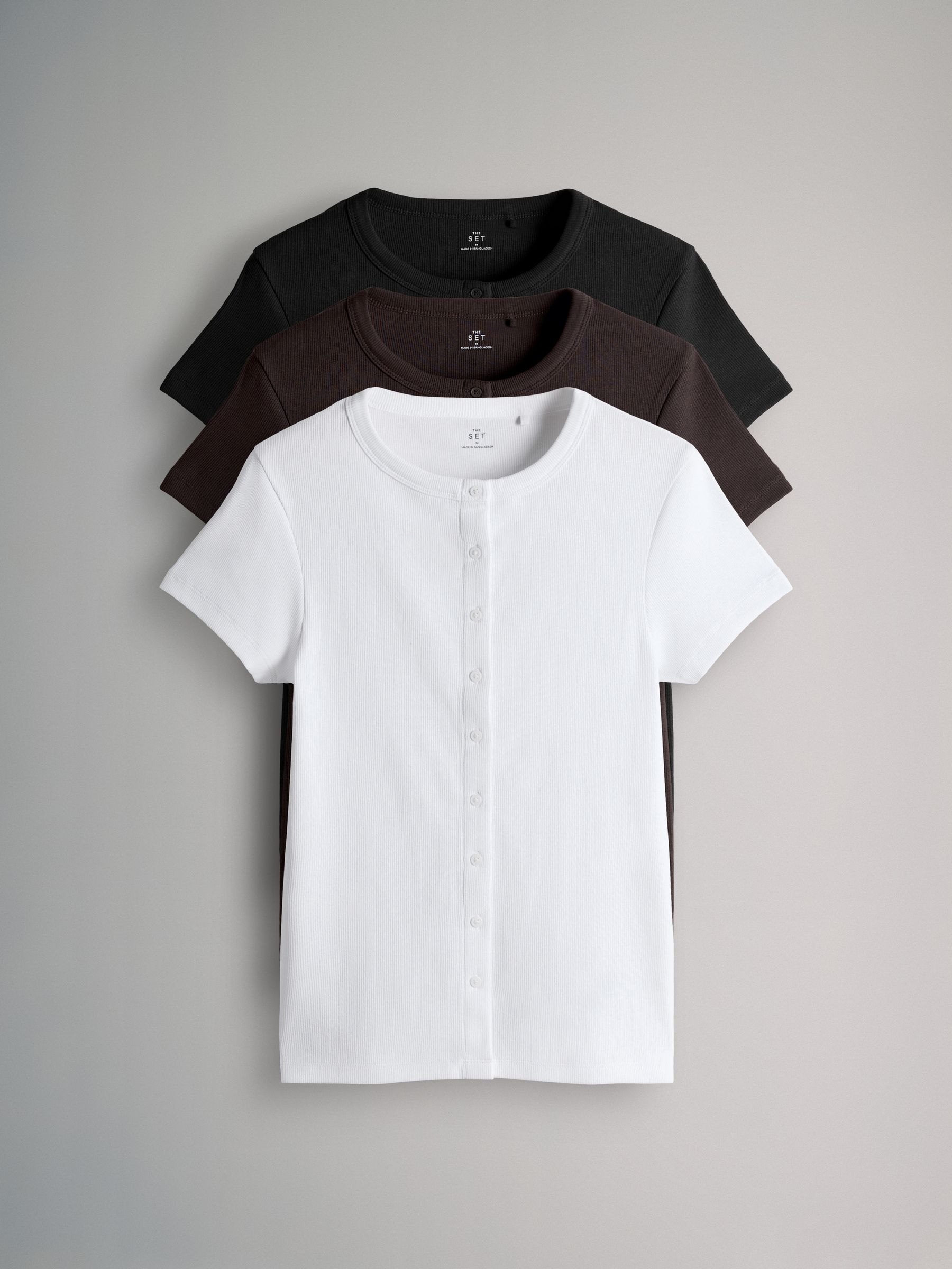 Buy The Set 3 Pack Short Sleeve Button Through Rib T-Shirt Black