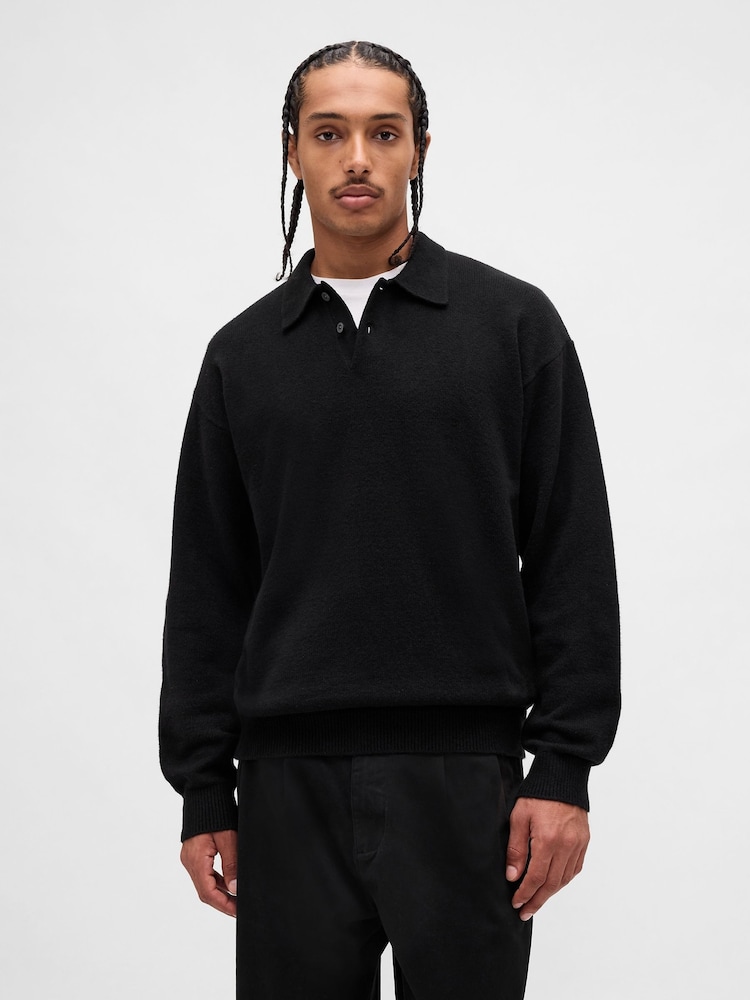 Gap Black CashSoft Relaxed Polo Sweatshirt - Image 1 of 4 Gap Black CashSoft Relaxed Polo Sweatshirt - Image 1 of 4