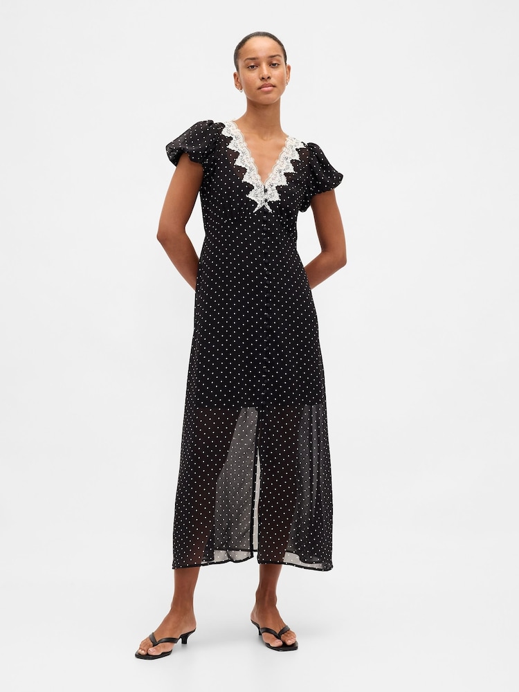 Gap Black Lace-Trim V Neck Maxi Dress - Image 1 of 4 Gap Black Lace-Trim V Neck Maxi Dress - Image 1 of 4