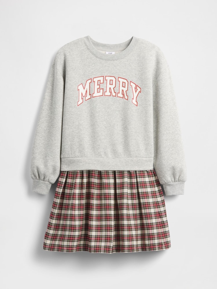 Gap Grey/Red Check Oversized Sweatshirt Dress (4-13yrs) - Image 1 of 3