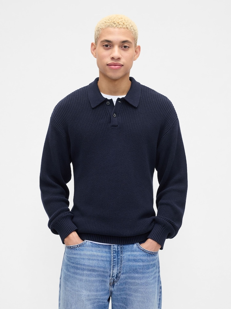 Gap Navy Blue Relaxed Ribbed Jumper Polo Shirt - Image 1 of 5 Gap Navy Blue Relaxed Ribbed Jumper Polo Shirt - Image 1 of 5
