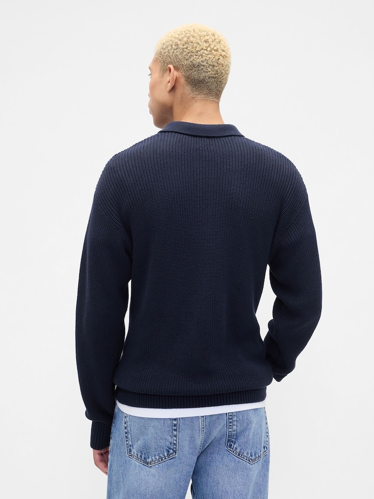Gap Navy Blue Relaxed Ribbed Jumper Polo Shirt - Image 2 of 5 Gap Navy Blue Relaxed Ribbed Jumper Polo Shirt - Image 2 of 5
