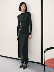 Mango Black Ring Detail Ruched Long Sleeve Maxi Dress - Image 1 of 6