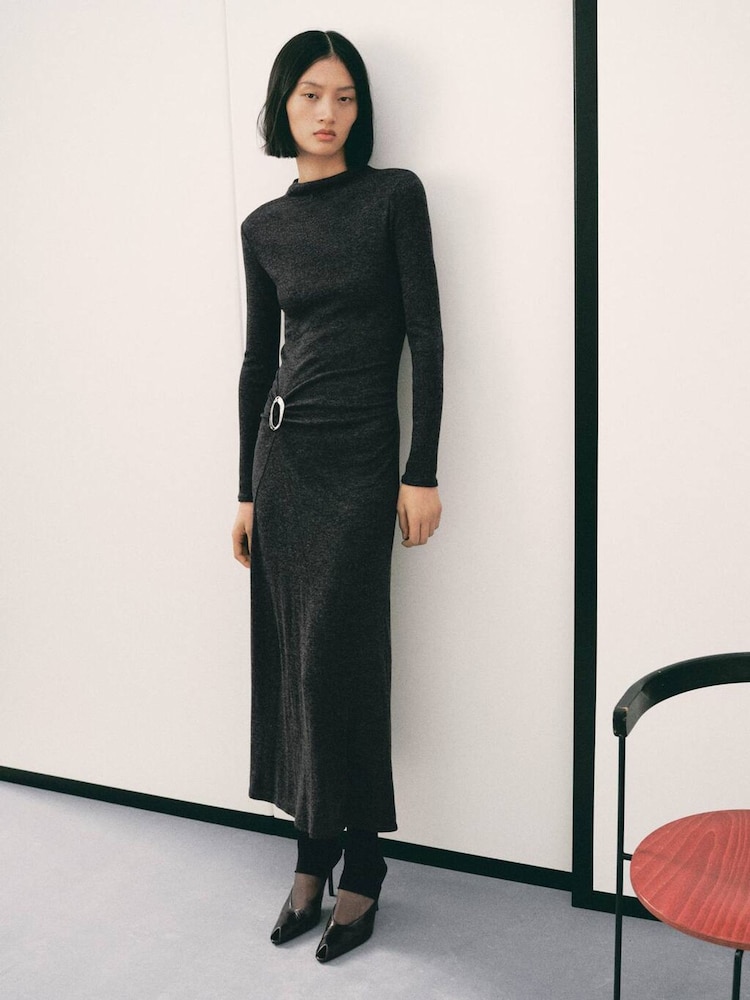 Mango Black Ring Detail Ruched Long Sleeve Maxi Dress - Image 1 of 6