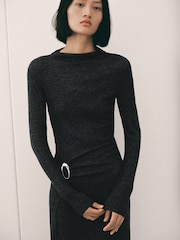 Mango Black Ring Detail Ruched Long Sleeve Maxi Dress - Image 3 of 6