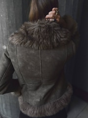 Mango Grey Suede and Faux Fur Jacket - Image 2 of 6