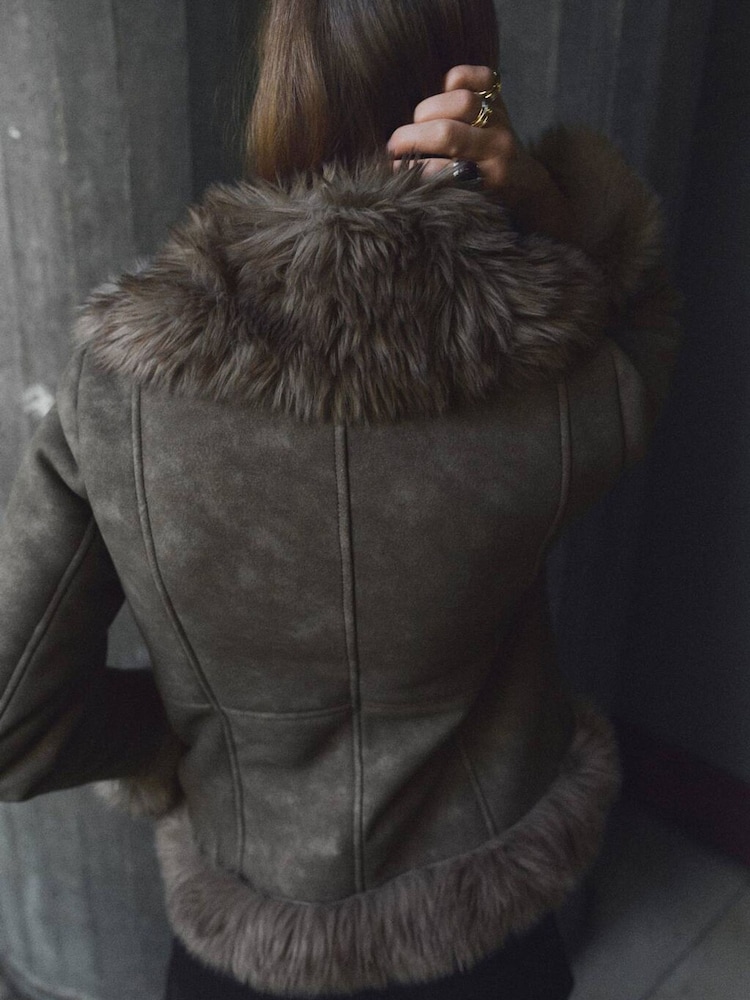 Mango Grey Suede and Faux Fur Jacket - Image 2 of 6