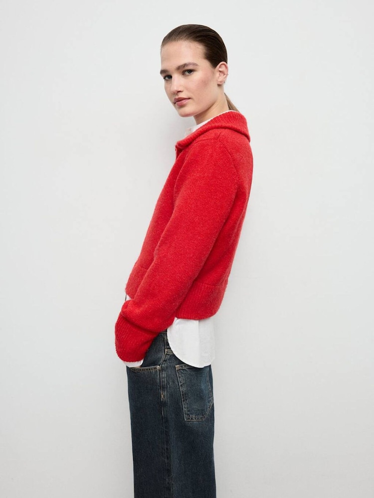 Mango Red Shirt Collar Cardigan - Image 1 of 7 Mango Red Shirt Collar Cardigan - Image 1 of 7