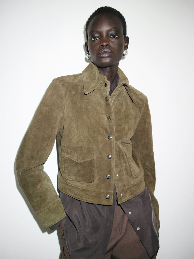 Mango Green Suede Leather Jacket With Buttons - Image 1 of 7