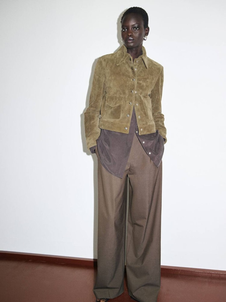 Mango Green Suede Leather Jacket With Buttons - Image 2 of 7