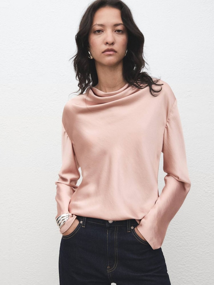 Mango Pink Satin Blouse With Draped Neck - Image 1 of 6