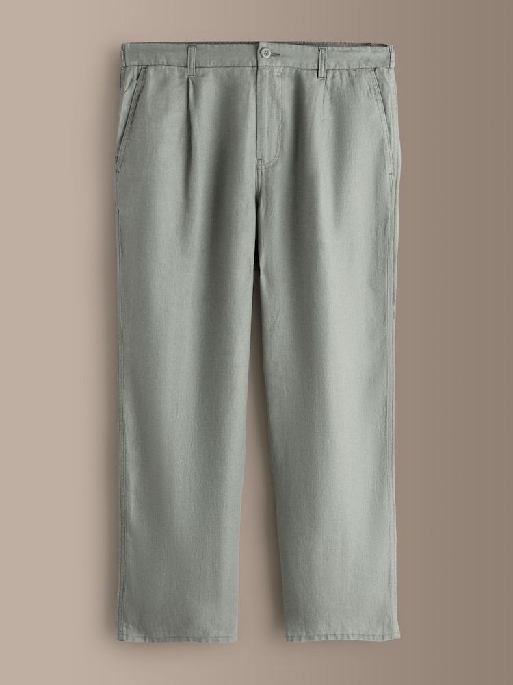 Green Relaxed Fit Signature 100% Linen Heritage Herringbone Trousers - Image 1 of 3