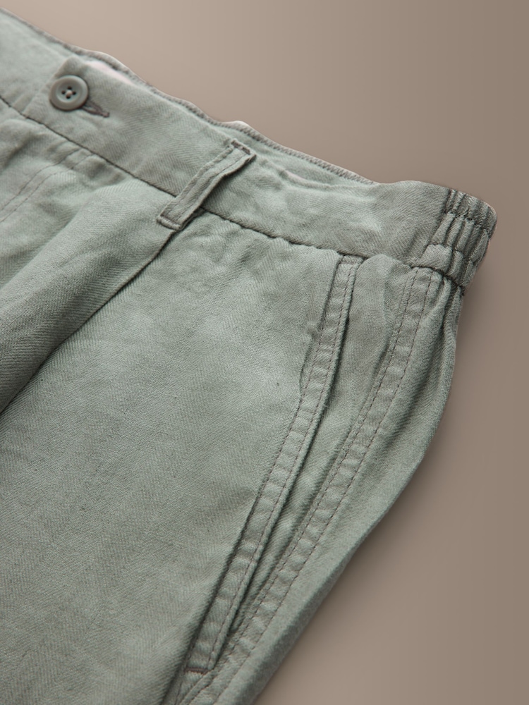 Green Relaxed Fit Signature 100% Linen Heritage Herringbone Trousers - Image 2 of 3