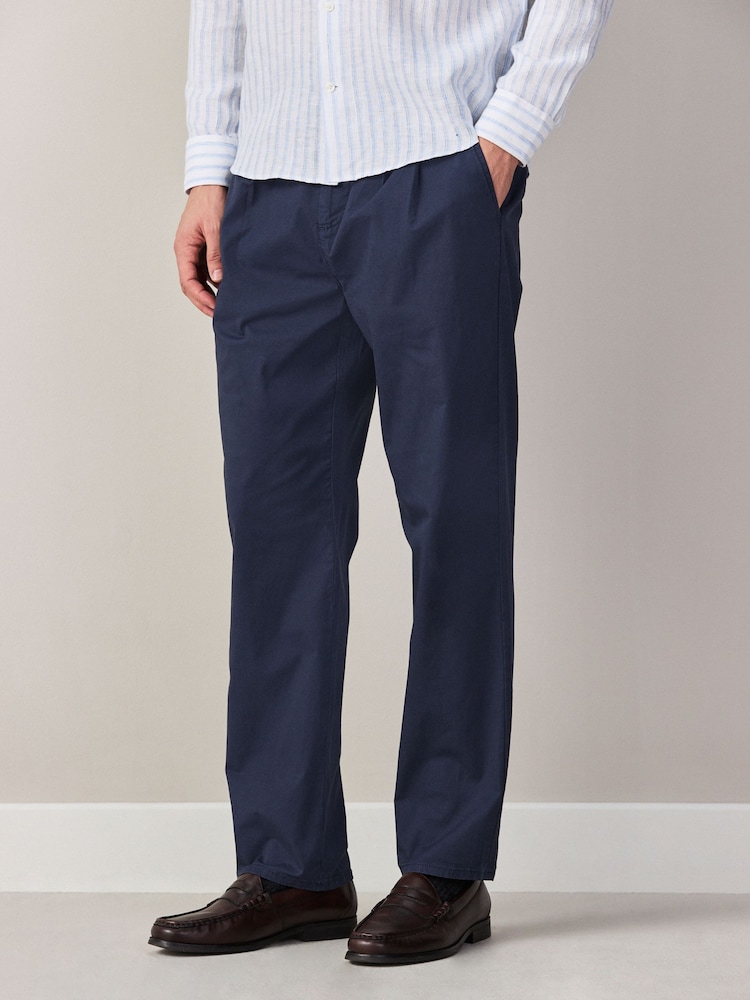 Navy Regular Tapered Fit Summerweight Twin Pleat Chino Trousers - Image 1 of 7
