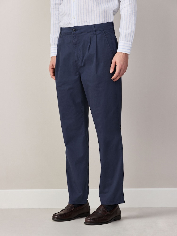 Navy Regular Tapered Fit Summerweight Twin Pleat Chino Trousers - Image 2 of 7