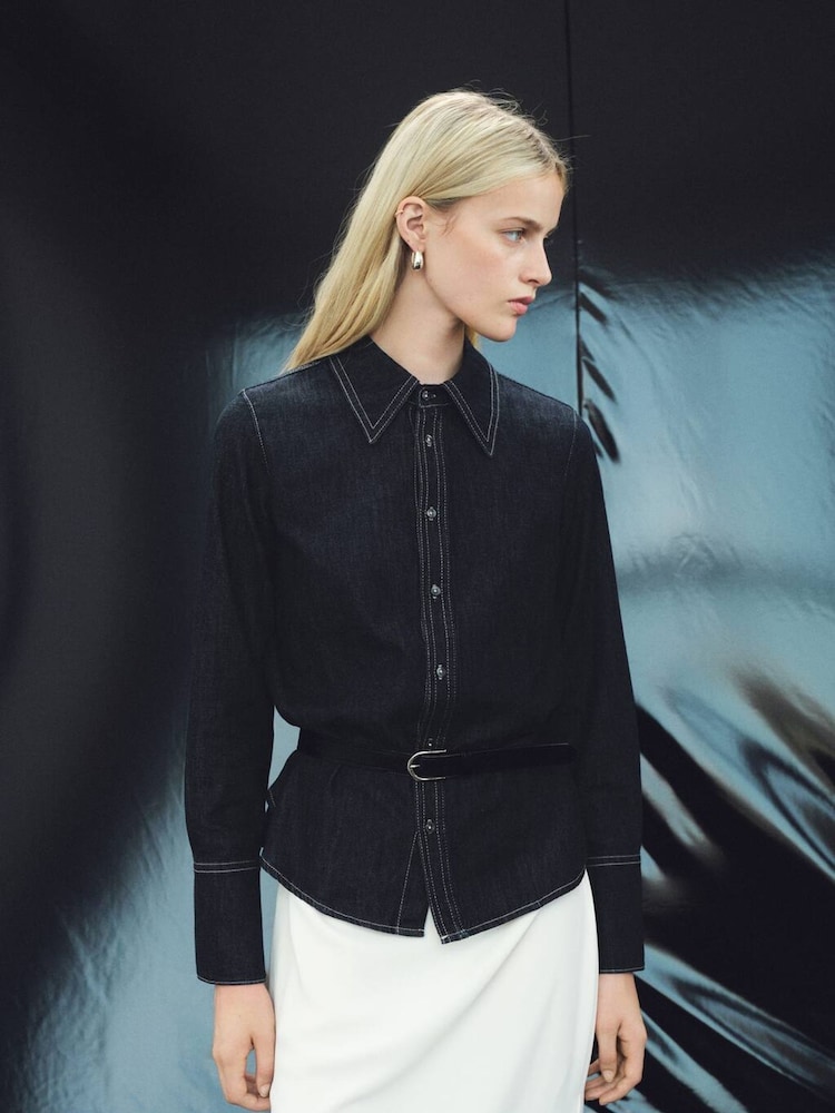 Mango Blue Denim Shirt With Seams - Image 1 of 6