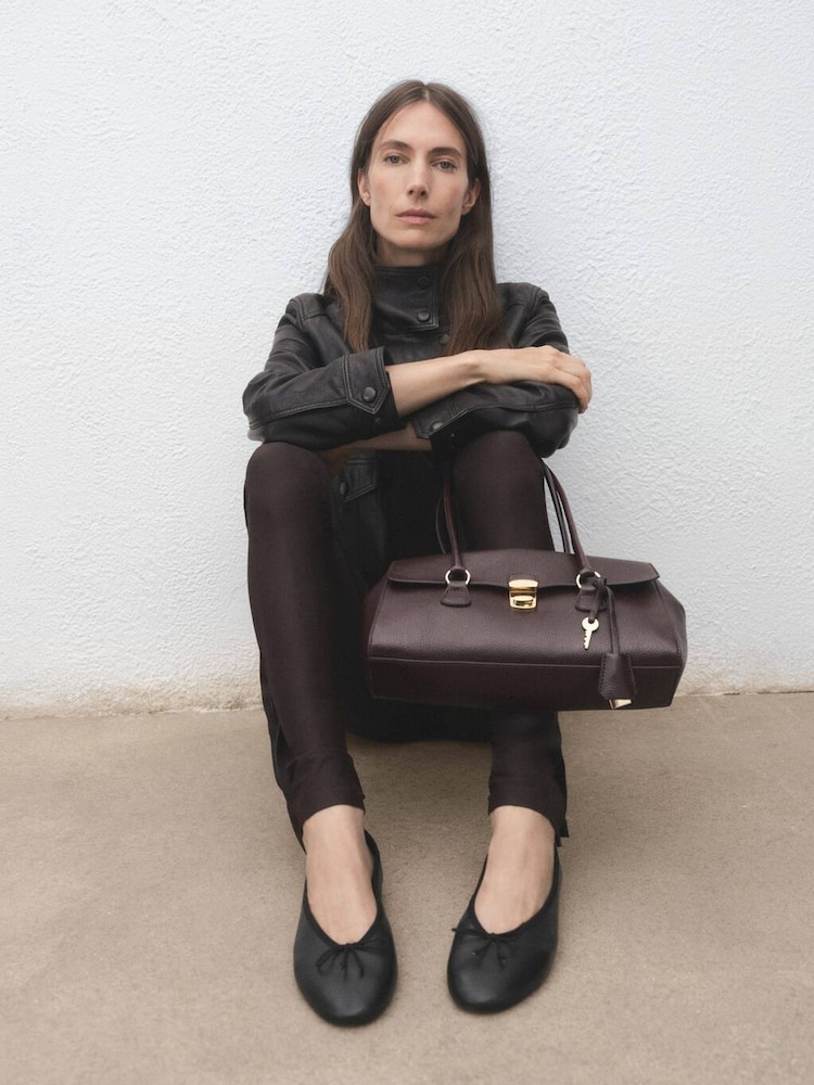 Mango Black Leather Ballet Flats with Bow - Image 1 of 1