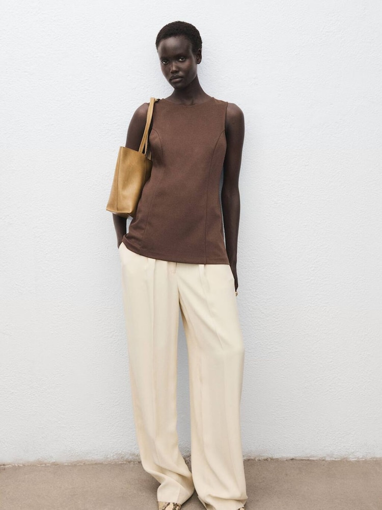 Mango Brown Sleeveless Top With Stitching Detail - Image 1 of 7