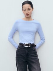 Mango Blue Long-Sleeved Fine-Knit Sweater - Image 1 of 6