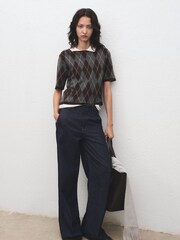 Mango Grey Short-Sleeved Argyle Sweater - Image 1 of 7