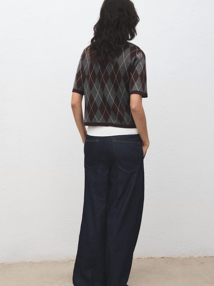 Mango Grey Short-Sleeved Argyle Sweater - Image 2 of 7