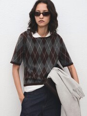 Mango Grey Short-Sleeved Argyle Sweater - Image 3 of 7