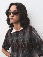 Mango Grey Short-Sleeved Argyle Sweater - Image 4 of 7