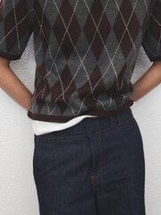 Mango Grey Short-Sleeved Argyle Sweater - Image 5 of 7