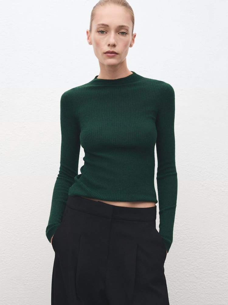 Mango Green High Neck Ribbed Long Sleeve Jumper - Image 1 of 6 Mango Green High Neck Ribbed Long Sleeve Jumper - Image 1 of 6