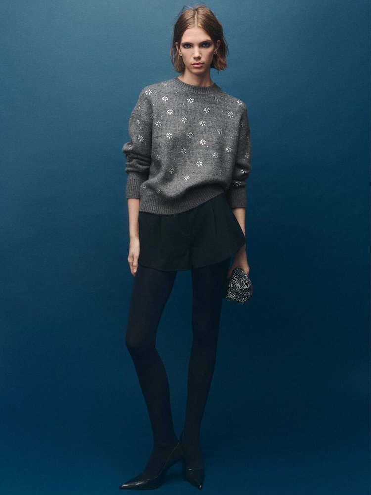 Mango Grey Embellished Long Sleeve Jumper - Image 1 of 5 Mango Grey Embellished Long Sleeve Jumper - Image 1 of 5