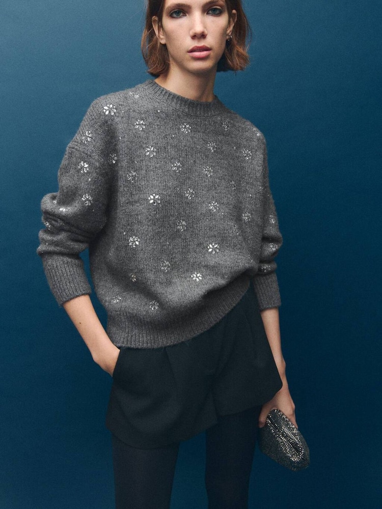 Mango Grey Embellished Long Sleeve Jumper - Image 2 of 5 Mango Grey Embellished Long Sleeve Jumper - Image 2 of 5