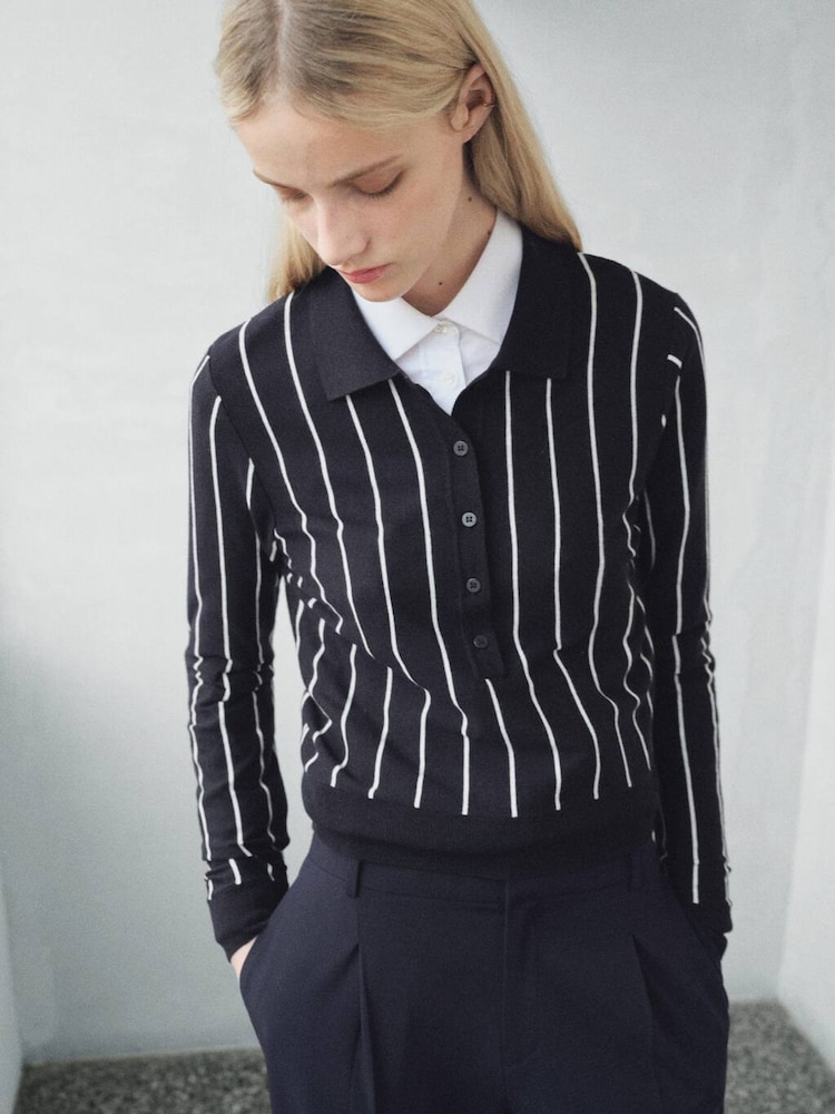 Mango Blue Striped Polo-Neck Sweater - Image 1 of 6