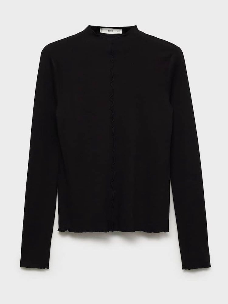 Mango Black Ribbed T-Shirt With Scalloped Trim - Image 5 of 5