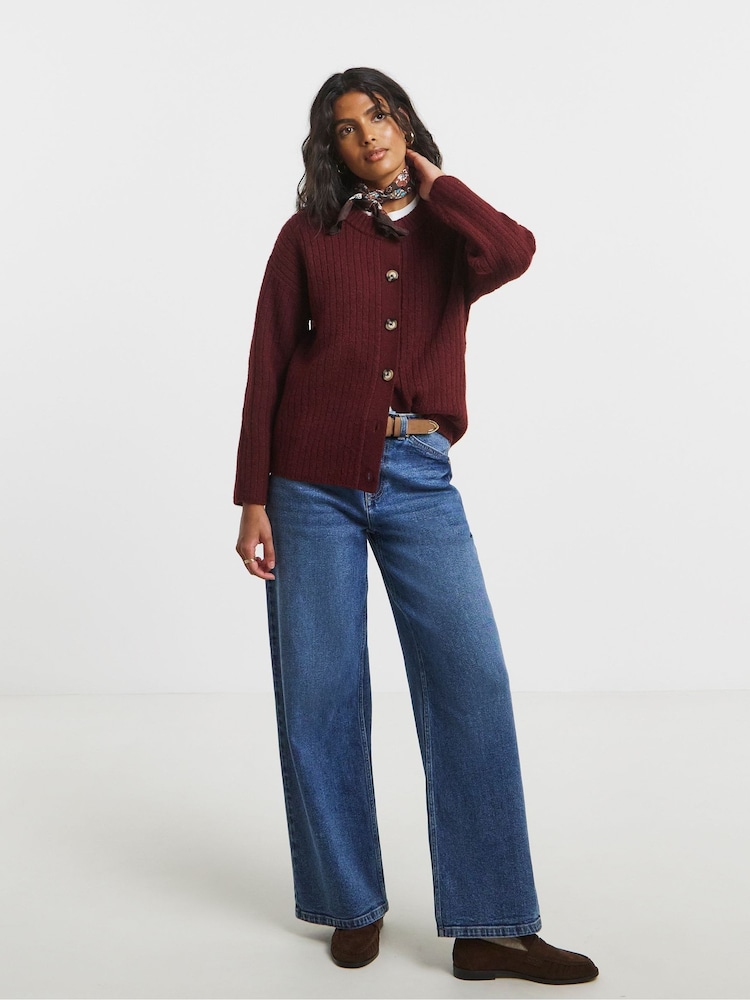 Simply Be Red Crew Neck Ribbed Knitted Cardigan - Image 1 of 4 Simply Be Red Crew Neck Ribbed Knitted Cardigan - Image 1 of 4