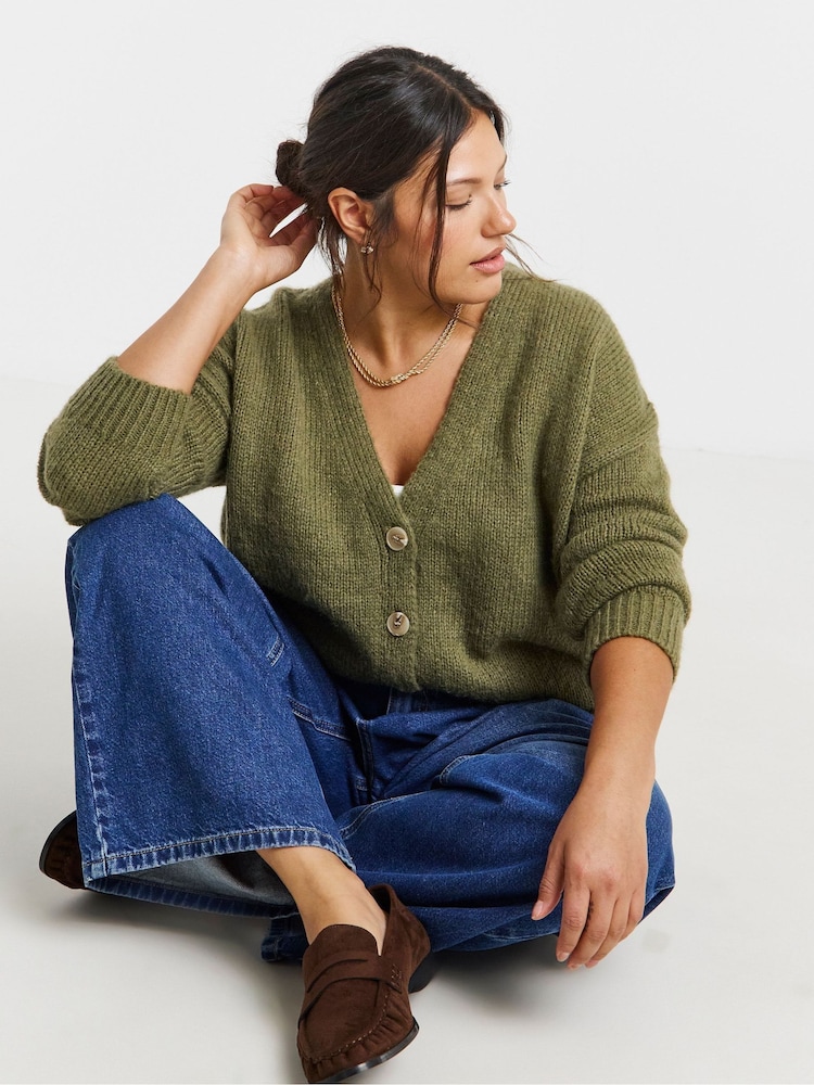 Simply Be Green Fluffy Overstitch Knitted Boyfriend Cardigan - Image 1 of 4 Simply Be Green Fluffy Overstitch Knitted Boyfriend Cardigan - Image 1 of 4