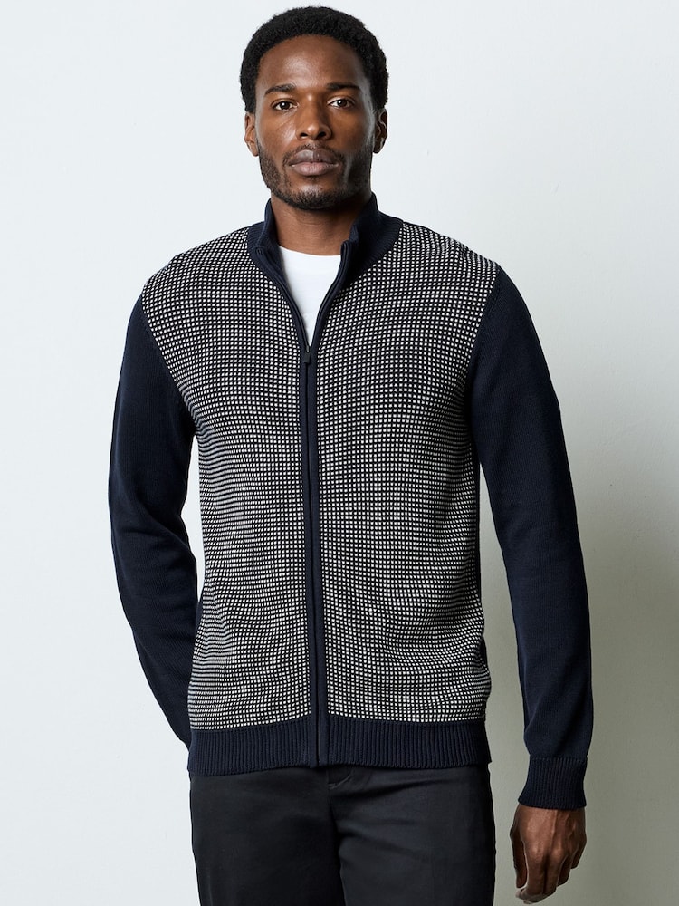 French Connection Blue Cotton Nylon Blend Zip-Up Funnel Neck Knit Jumper - Image 1 of 5 French Connection Blue Cotton Nylon Blend Zip-Up Funnel Neck Knit Jumper - Image 1 of 5