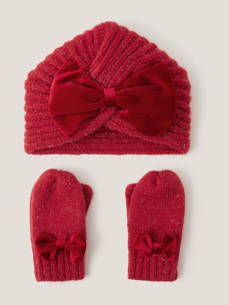 Monsoon Red Baby Bow Knitted Hat & Mittens Set - Image 1 of 3 Monsoon Red Baby Bow Knitted Hat & Mittens Set - Image 1 of 3