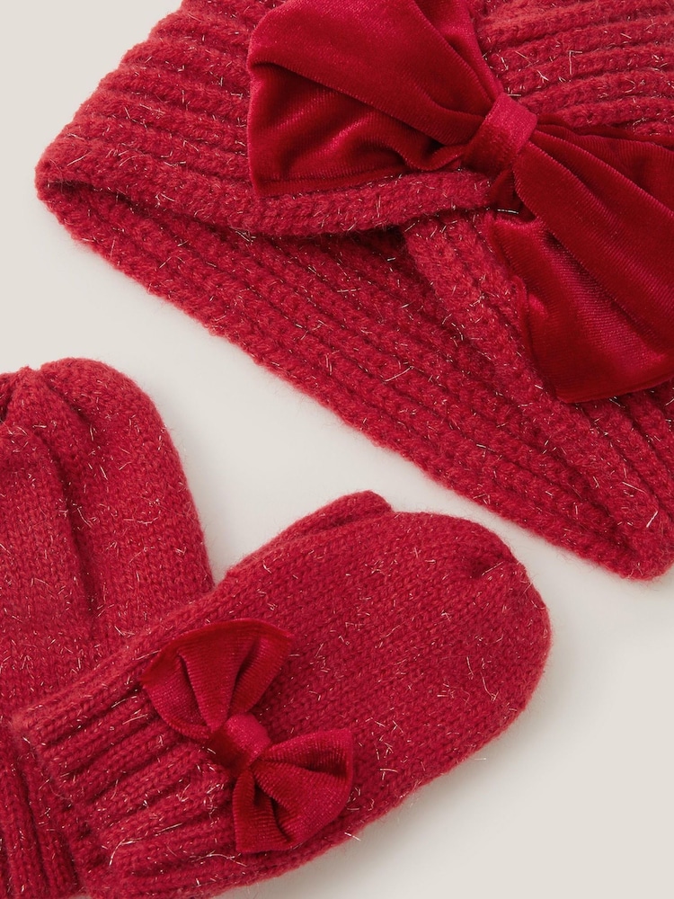 Monsoon Red Baby Bow Knitted Hat & Mittens Set - Image 3 of 3 Monsoon Red Baby Bow Knitted Hat & Mittens Set - Image 3 of 3