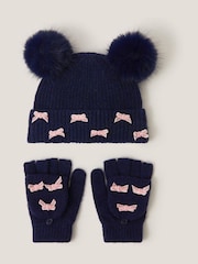 Monsoon Blue Bow Hat & Gloves Set - Image 1 of 2
