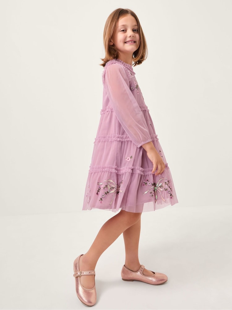 Monsoon Purple Floral Bow Embellished Tulle Dress - Image 1 of 4
