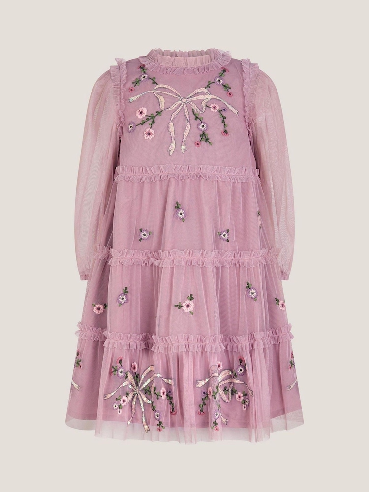 Monsoon Purple Floral Bow Embellished Tulle Dress - Image 2 of 4 Monsoon Purple Floral Bow Embellished Tulle Dress - Image 2 of 4