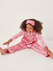 Monsoon Pink Bow Print Satin Long Pyjamas & Sleep Mask Set - Image 1 of 4