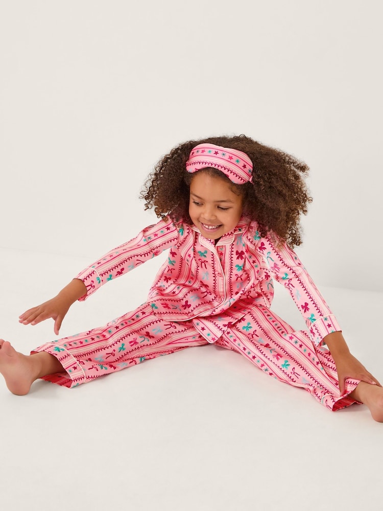 Monsoon Pink Bow Print Satin Long Pyjamas & Sleep Mask Set - Image 1 of 4