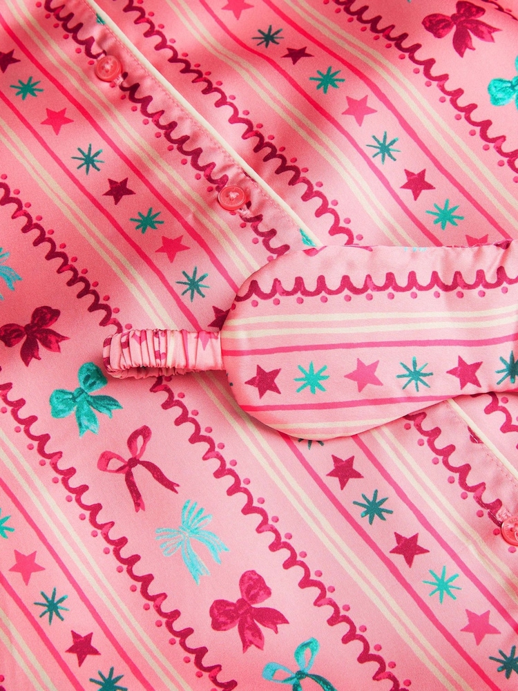 Monsoon Pink Bow Print Satin Long Pyjamas & Sleep Mask Set - Image 4 of 4