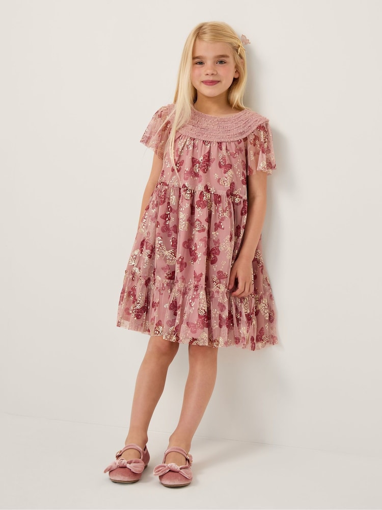 Monsoon Pink Butterfly Foil Print Party Dress - Image 1 of 4