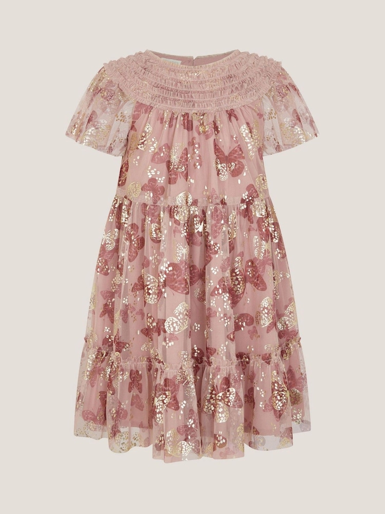 Monsoon Pink Butterfly Foil Print Party Dress - Image 2 of 4 Monsoon Pink Butterfly Foil Print Party Dress - Image 2 of 4